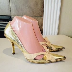 DOLCE & GABBANA Metallic Gold Shiny Knotted Jute Detail Pumps High Heels 8